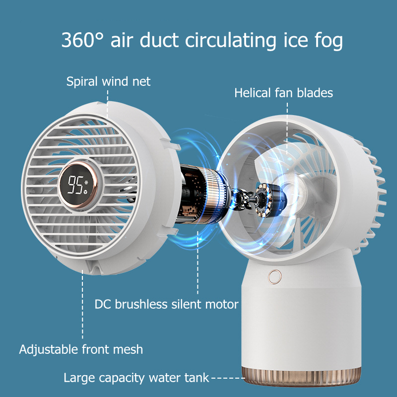 Mājas ūdens izsmidzināšanas miglas gaisa kondicionēšanas mitrinātāja ventilators 3600mAh akumulators uzlādējams biroja galda gaisa dzesēšanas ventilators ar naktsgaismu_voghion.com