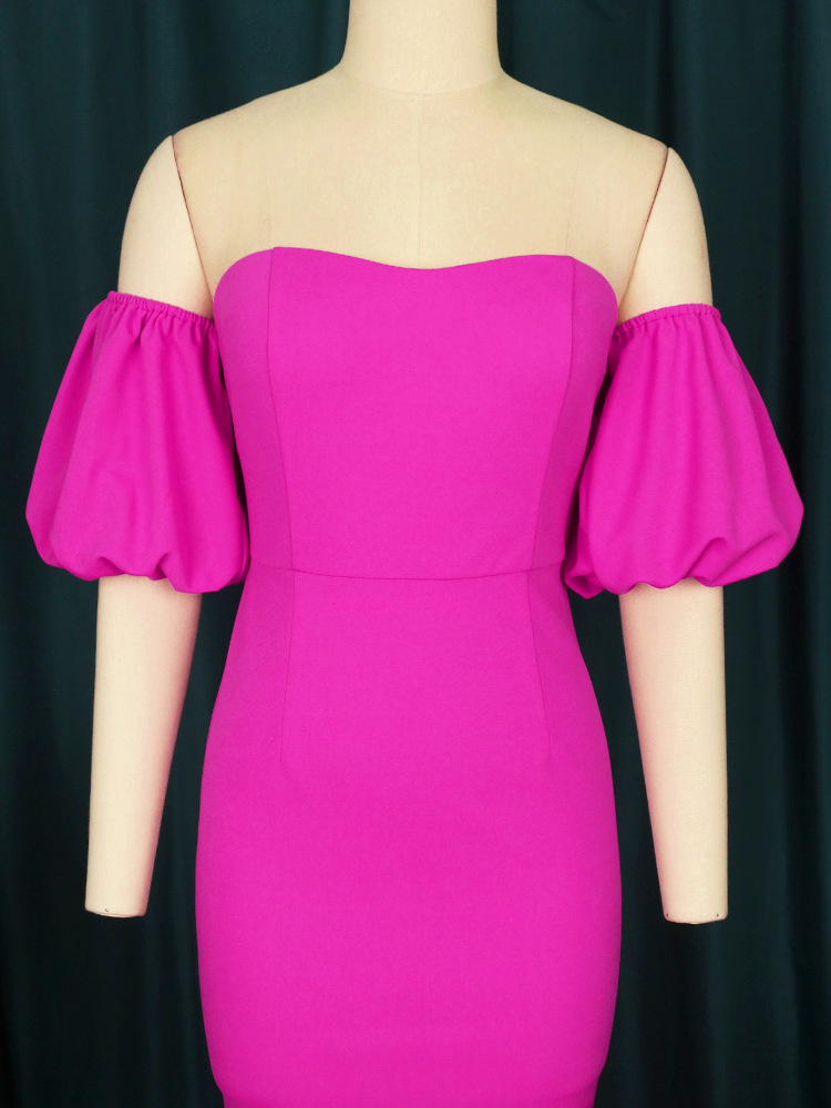 Rochie Midi cu volane, culoare solidă, tub, top, coadă de sirenă, sexy, cu umăr gol, mânecă scurtă și bufantă_voghion.com