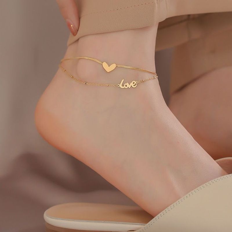 Brand Double Layer Heart Love Letter Anklet Snake Chain Women Color Stainless Steel Ladies Jewelry Not Fade