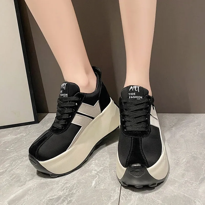 Scarpe sportive casual da donna con tacco alto da 7,5 cm, con zeppa e plateau, in pelle, bianche, comode e robuste_voghion.com