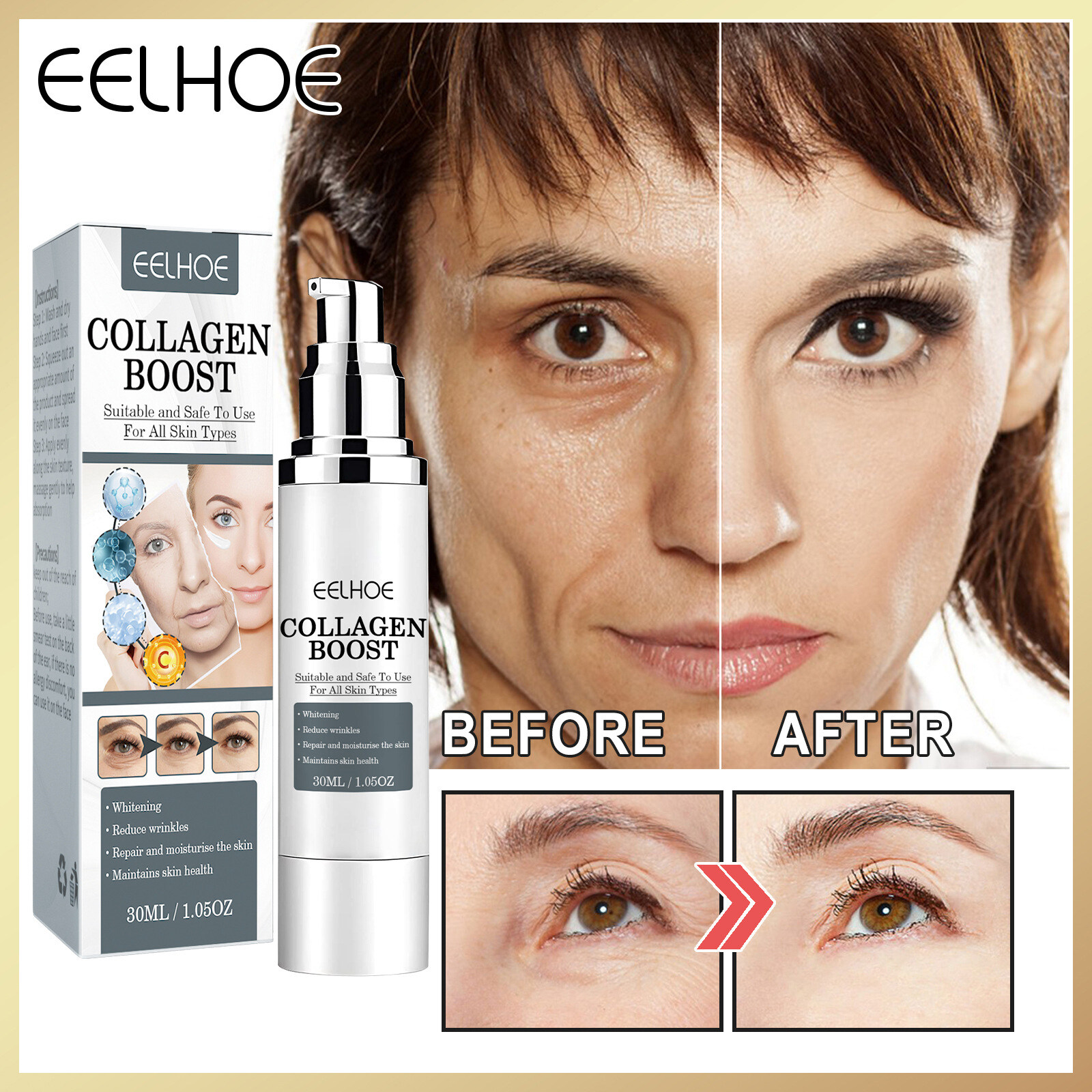 Eelhoe Anti-Aging Hydratant Hyaluronique Soin de la Peau Collagène Boost Essence Visage Céramide Lifting Raffermissant Anti-âge Fondu