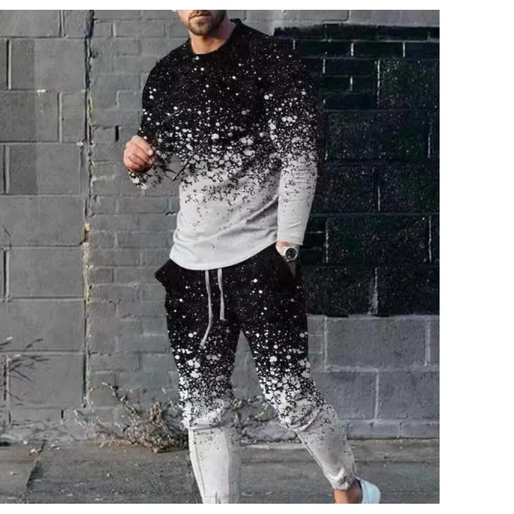 Ensemble deux pièces pour hommes, vêtements de loisirs, col rond, imprimé numérique 3D, printemps et automne_voghion.com