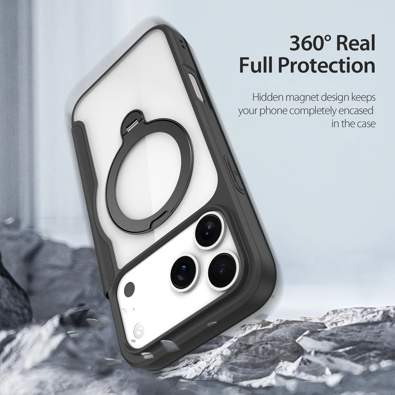 Coque pour iPhone 17 Air Pro Max Magsafe avec chargement sans fil et support magnétique rotatif en métal et cuir_voghion.com