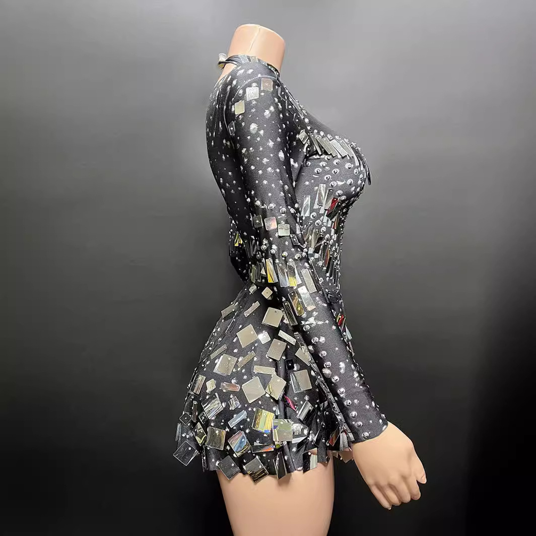 Naiste rõivad Läikivad litrid Teemantväljasõidupidu Elegantne Slim Fit pikkade varrukatega lühike seelik Mini kleit_voghion.com