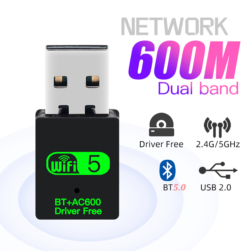 Adattatore WiFi Bluetooth 5.0 USB da 600 Mbps, 2 in 1, Dual Band 2,4 G e 5 GHz, USB WiFi 5, ricevitore wireless Wlan, DRIVER GRATUITO_voghion.com