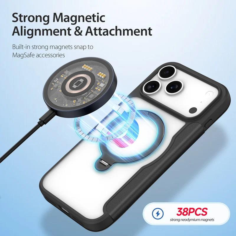 Coque pour iPhone 17 Air Pro Max Magsafe avec chargement sans fil et support magnétique rotatif en métal et cuir_voghion.com