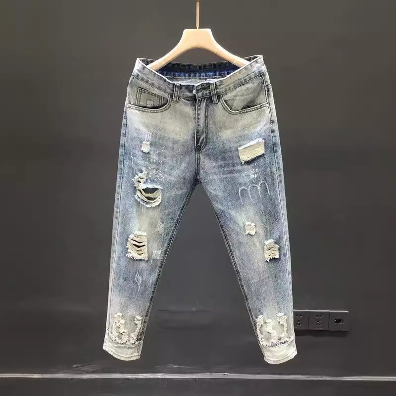 Vêtements pour hommes Jeans trou de mendiant pantalons tendance à neuf points pour hommes pantalons décontractés délavés à neuf points pour hommes d'été pour hommes