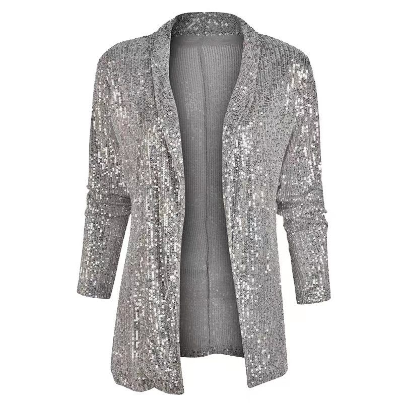 Damenbekleidung neuer heißer Stil, elegante einfarbige Slim Fit-Freizeit-Pailletten-Kleinanzugjacke für Damen_voghion.com