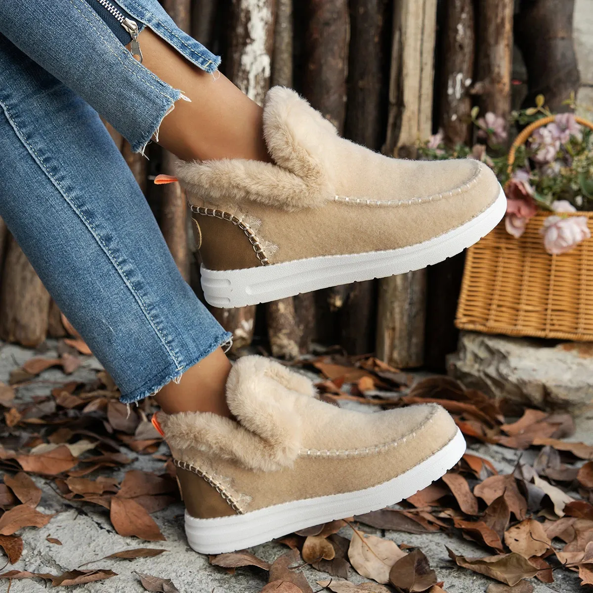 Winter Round Head Plush Comfortable Warm Short Tube Flat Bottom Large Womens Boots Size 36-43 241113_voghion.com