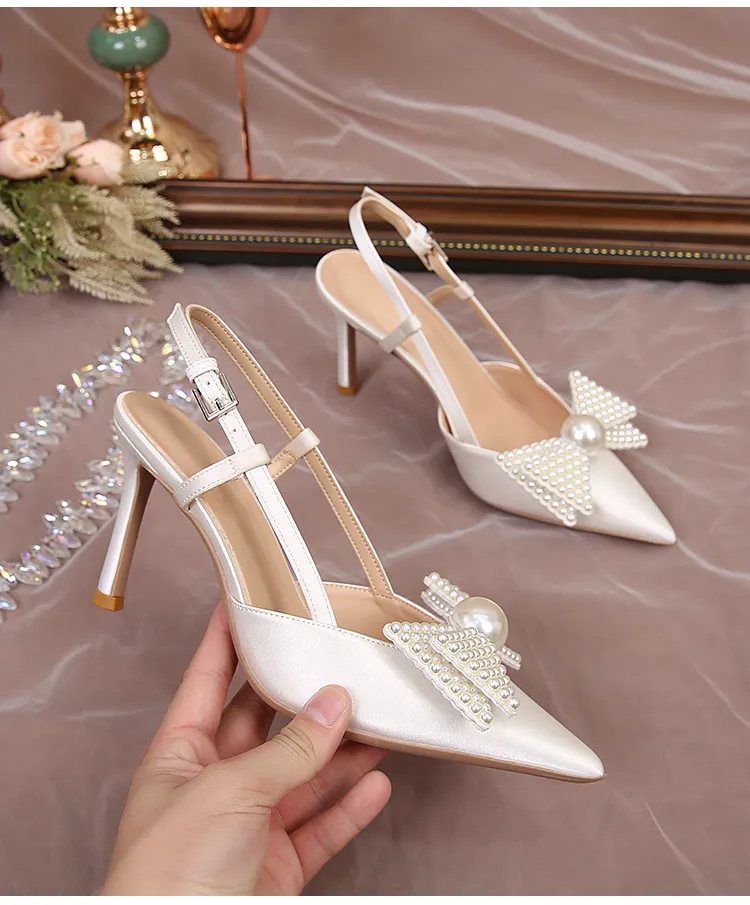Hochzeit Französisch Frauen 2024 Neue Weiße Brautjungfer Schuhe Bogen High Heels Eleganz Sandalen E336_voghion.com