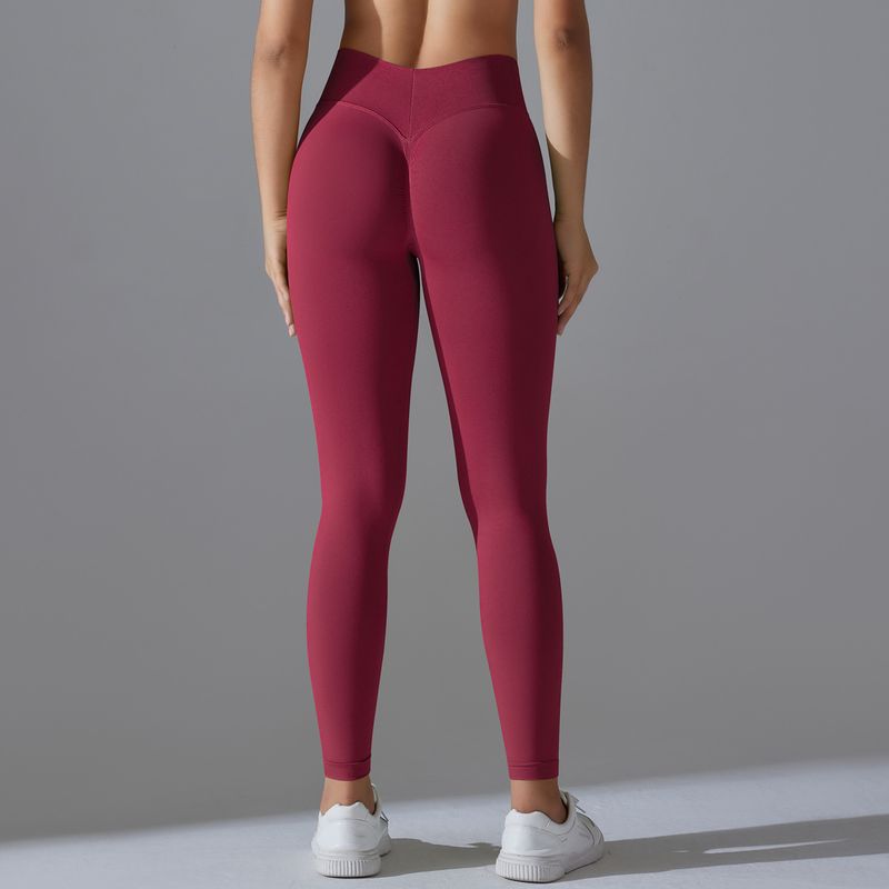 Seamless Knitted Solid Color Tight High Waist Peach Hip V-Waist Yoga Sports Running Fiess Pants_voghion.com