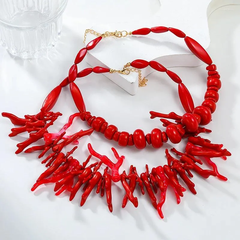 Łańcuchy 2 szt. Vintage przesadny czerwony koralowy naszyjnik dla kobiet dziewcząt moda boho styl oświadczenie retro naszyjniki fine_voghion.com