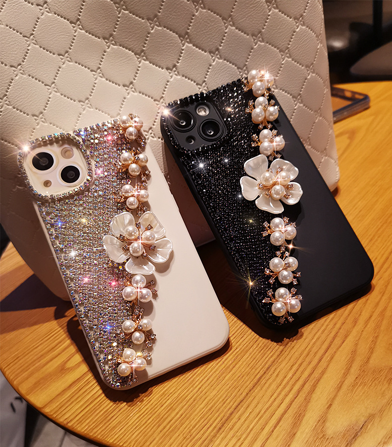 Suitable for 14/15 with diamond phone case iPhone 12/13 Pro Shell Pearl Flower Full Pack Silicone 11 Women's 8_voghion.com