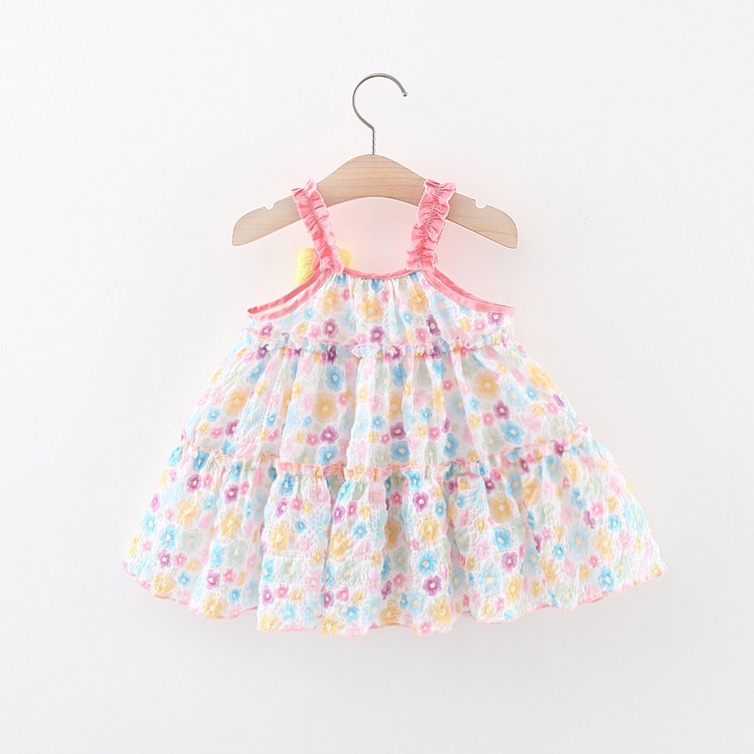 Neues Sommerkleid für Mädchen, rosa, Strand, lässig, bequem, mit Riemen, fragmentiertes Blumenkleid, Fliege, Netz, gefaltetes Strandkleid_voghion.com