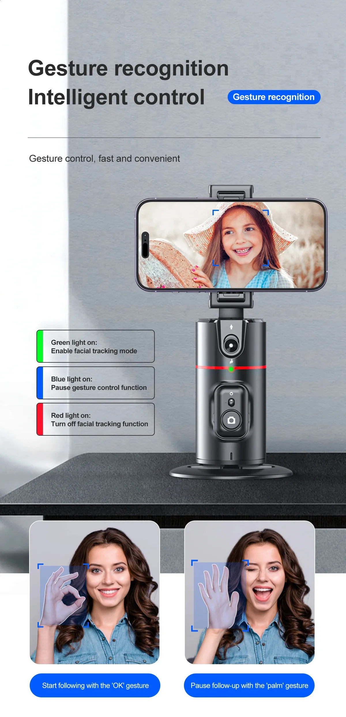 Selfieshow P02 Gimbal 360 Rotation AI Automatic Tracking Shooting Stabilizer Detachable Phone Clip Mini Selfie Stick_voghion.com