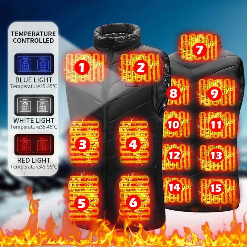 Veste chauffante USB pour homme et femme, 15 zones, chauffage électrique d'extérieur, vêtements de sport chauds_voghion.com