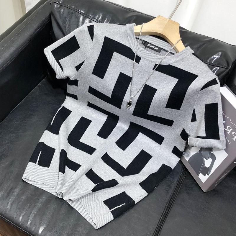 T-shirt estiva da uomo a maniche corte con motivo geometrico primaverile e autunnale slim casual trendy a maniche corte in maglia_voghion.com