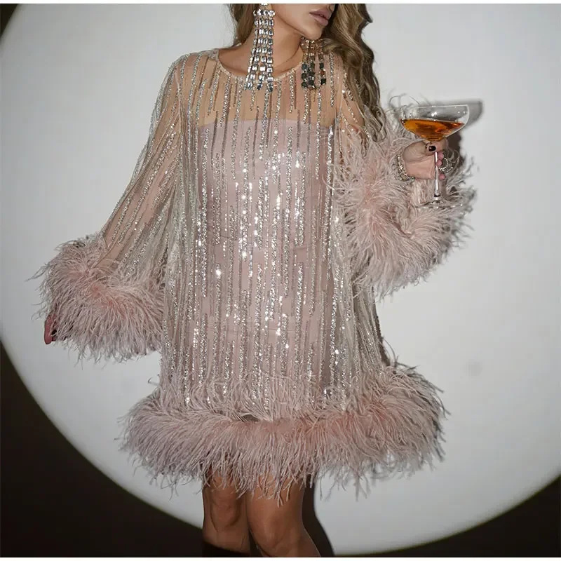 Dammemode Rosa Partykleed Kuerz Glitter Pailletten Straussenpelz Trompettärmel Kleed_voghion.com