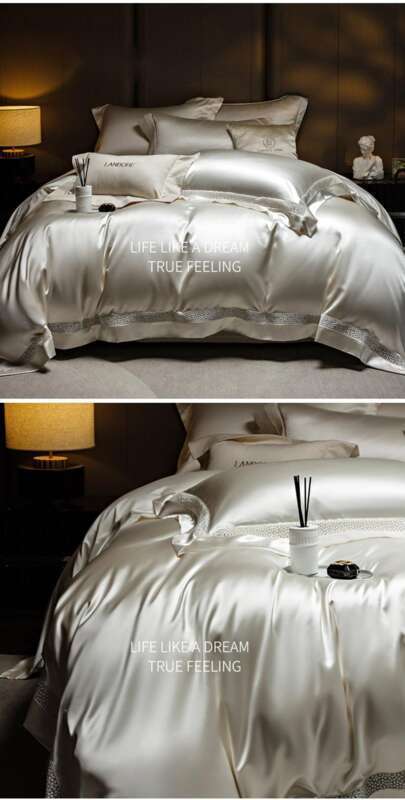 High End Water Gloss Silk Satin Ultra-fine Denier Lyocell Cotton Four Piece Hollow Out Light Luxury Duvet Set Bedding_voghion.com