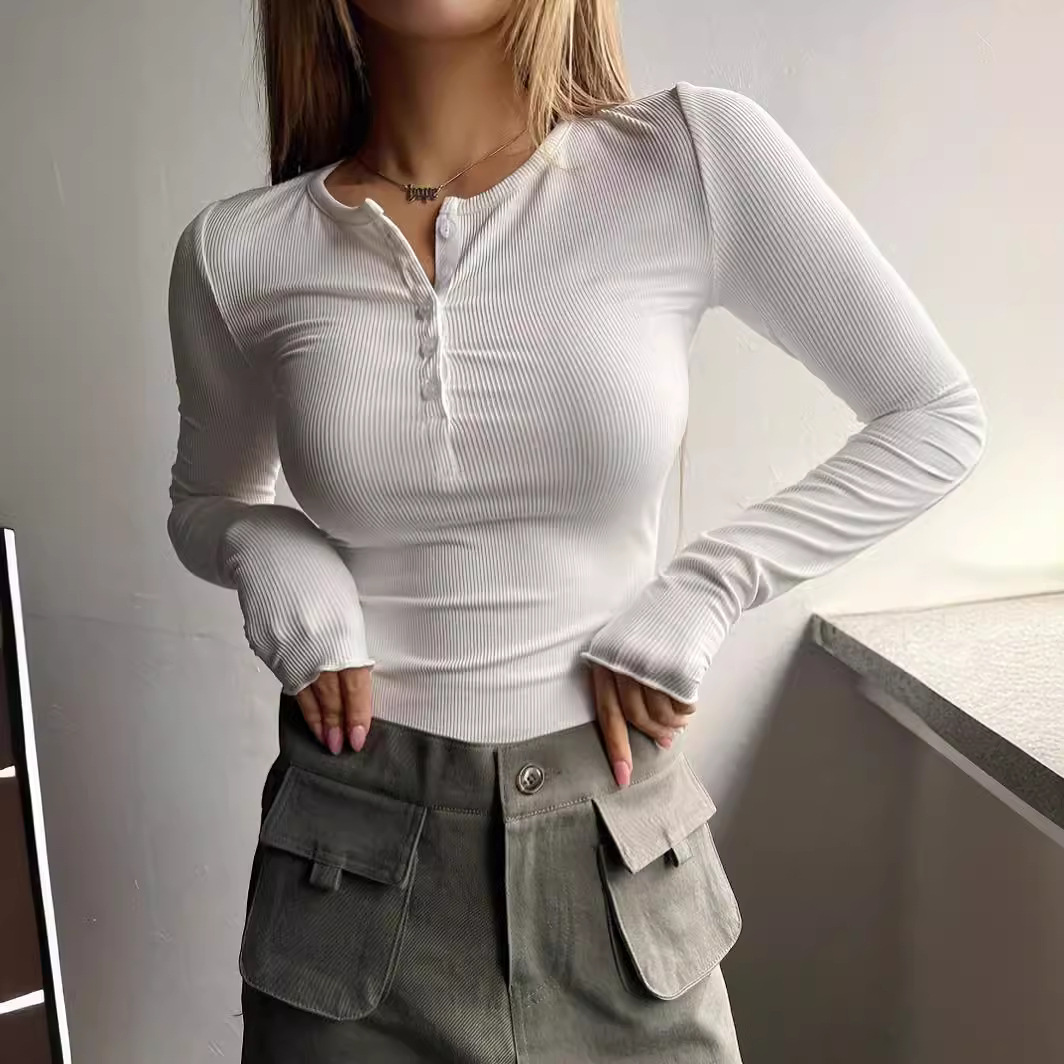 Women’s Clothing New Supply Of Half Button Thread Long Sleeve T Shirt Sexy Hot Girl Slim Outer Wear Women's Clothing