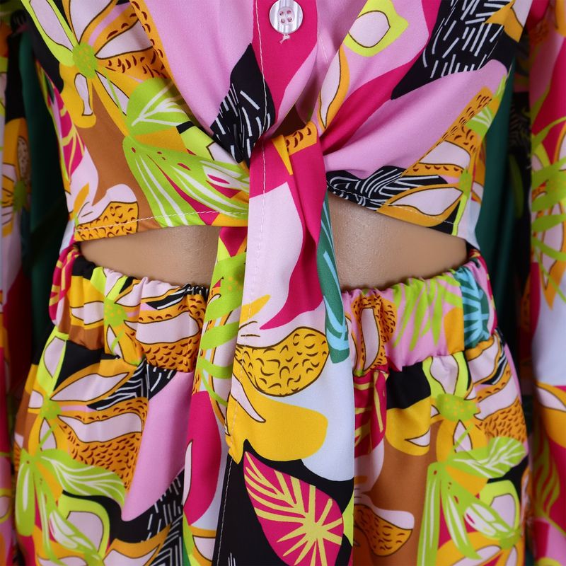 Women's Fashion Print Two-piece Lapel Tie Shirt Wide Leg Pants Suit_voghion.com