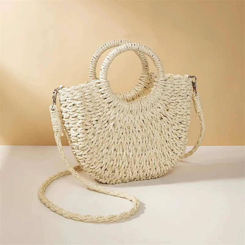 Sommer-Handgefertigte Taschen für Frauen, Weben, Damen, Strohumwickelte Strandtasche, Mondförmige Handtaschen mit Griff oben_voghion.com