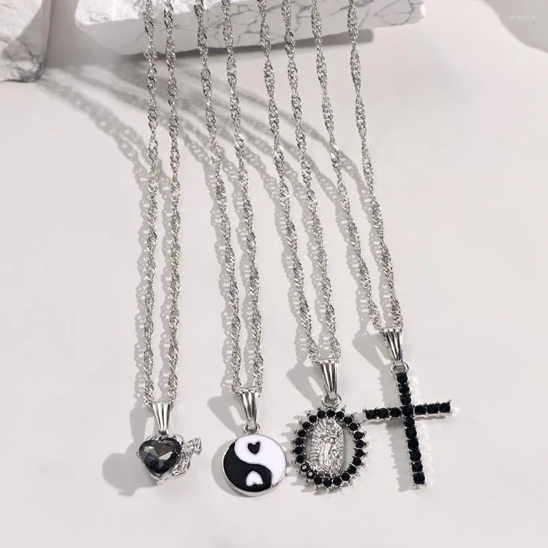 Colar com pingente de cruz e strass preto e corrente punk, moda multicamadas, retrato yin yang, corrente torcida para mulheres_voghion.com