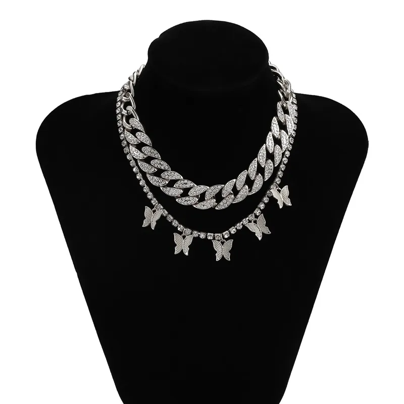 Butterfly Pendant Cuban Link Layered Necklace For Women Bling_voghion.com