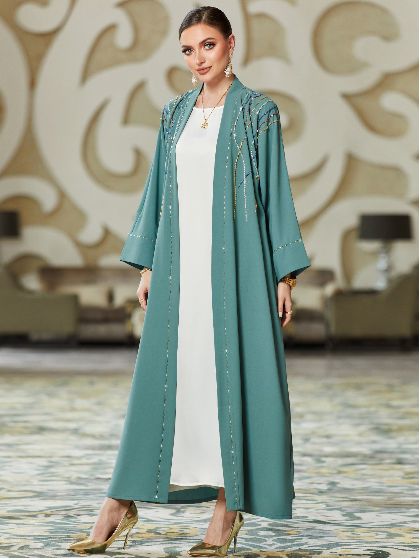 Vêtements pour femmes, robe en diamant cousue à la main avec cardigan, vêtements pour femmes arabes_voghion.com
