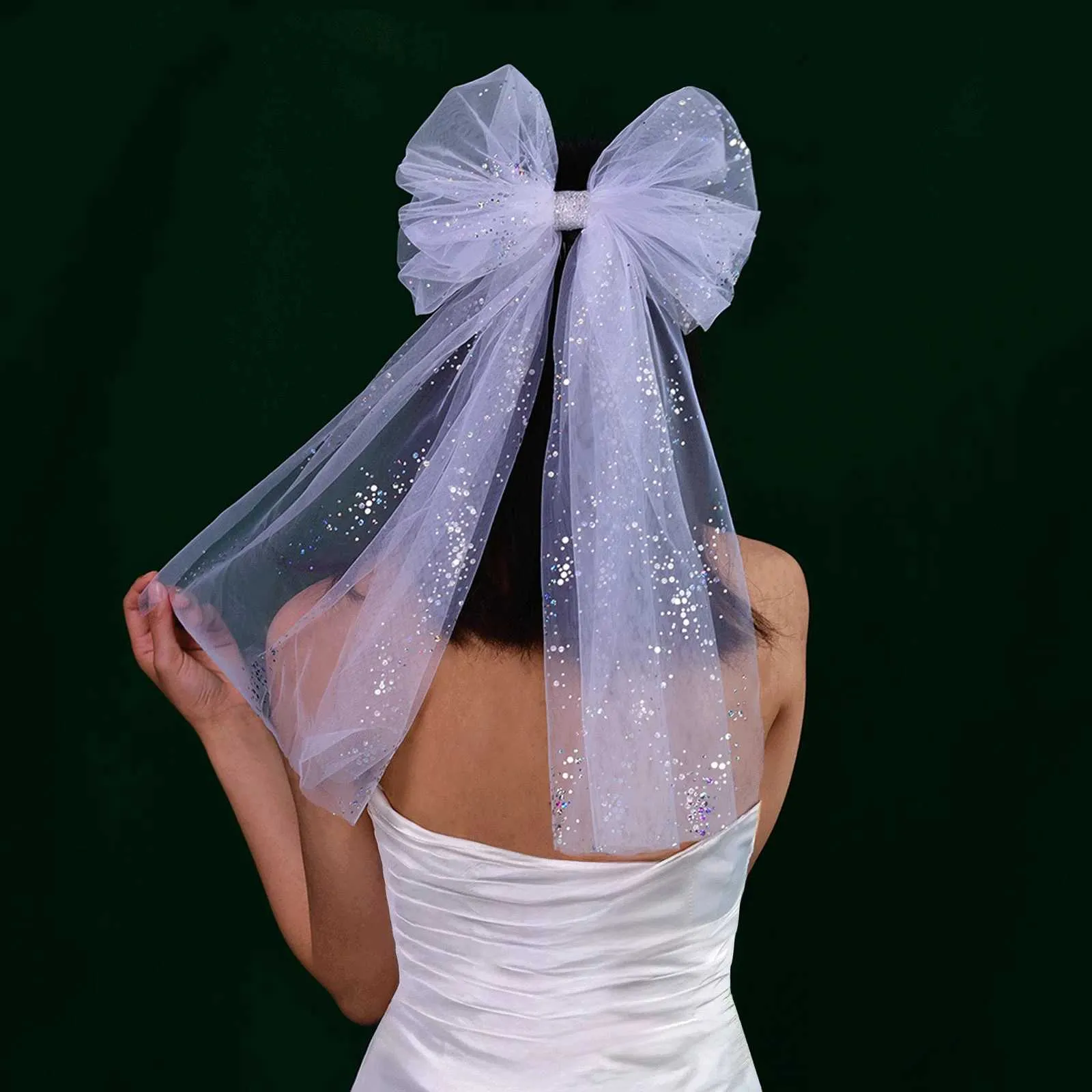 Gioielli Corto fiocco da sposa da sposa con pettine per capelli Scintillante velo morbido per la sposa Ragazza di fiori Accessori per addio al nubilato_voghion.com