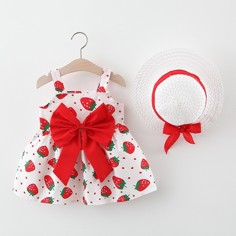 Baby Mädchen Kleid für 6-12 Monate Erdbeere Polka Dots Schleife Kleid Sommer Atmungsaktive Baumwolle Kinder Kleidung Senden Hut_voghion.com