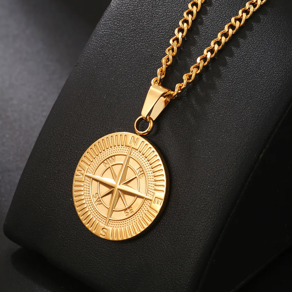 Colliers Hio Hop pour hommes en acier inoxydable avec pendentif boussole de voyage et voile, chaîne cubaine Figaro, collier décontracté_voghion.com