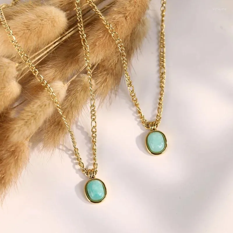 Colliers pendentifs rétro mode vert menthe pierre naturelle romaine ovale chaîne de clavicule bijoux exquis en acier inoxydable_voghion.com