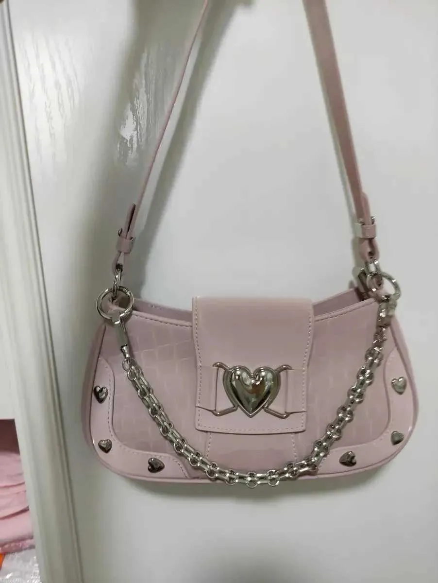 Damentaschen Einzelne Schulter Metallkette Herzdekoration Y2K Stil Unterarmtasche Loveess Lady Fashion HandtaschenC241116_voghion.com