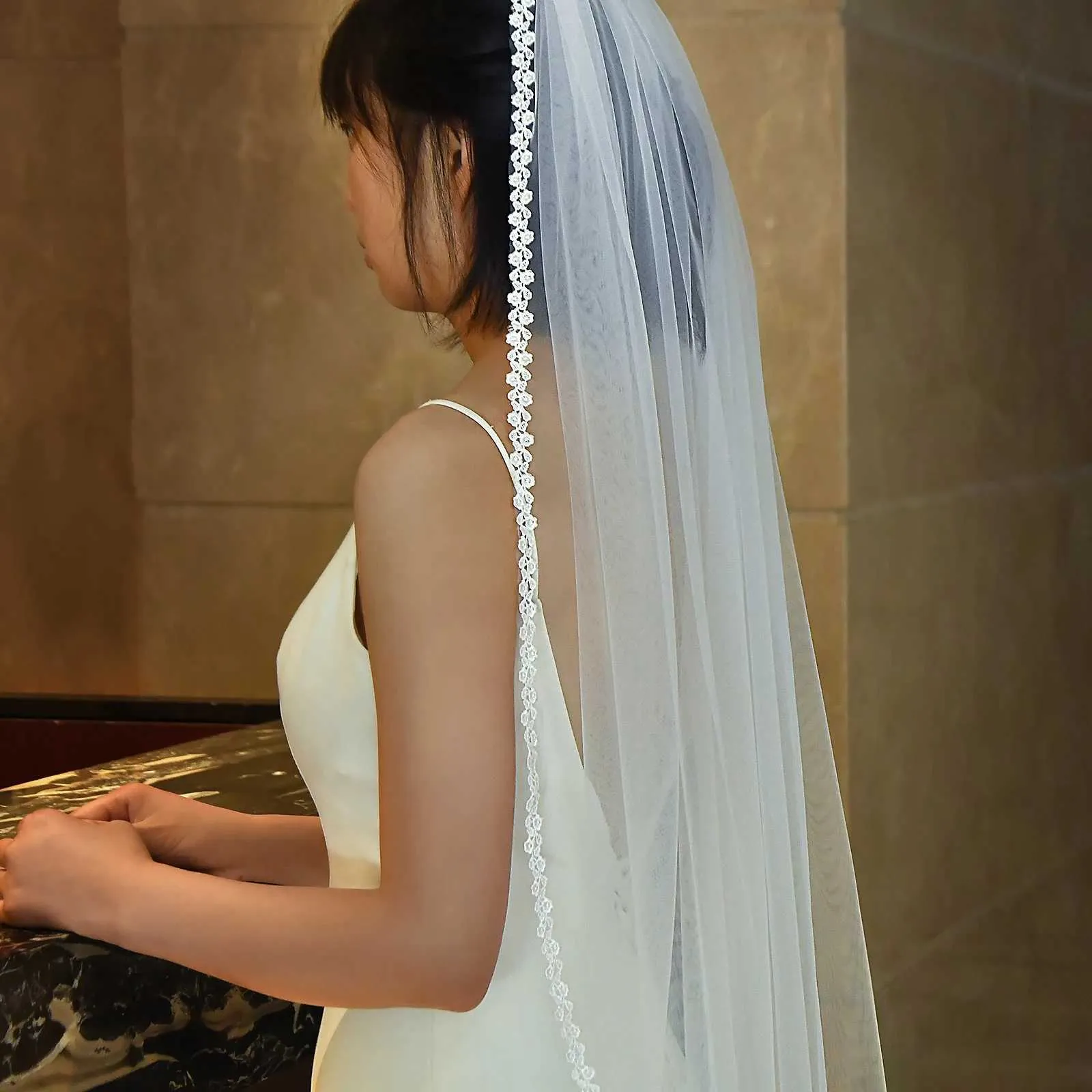 Hair Jewelry MZA04 Veils Bride Flowers Vine Applique Lace Edge Wedding Partial Trim 1 Tier Waltz Veil Bridal Accessories_voghion.com