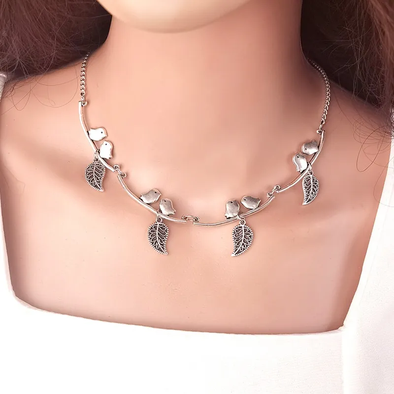 Halsketten mit Anhänger, Vintage-Stil, Blatt und Vögel, Anhänger für Frauen, Statement-Halskette, Kragenschmuck_voghion.com