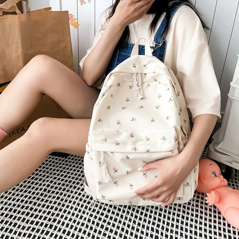 Korean Version Nylon Floral Flower Fashion Junior High School Backpack Travel Bag_voghion.com