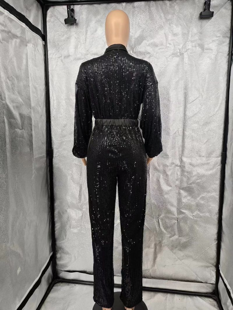 Women's Clothing autumn and winter sequin sequined sexy deep V neck jumpsuit_voghion.com