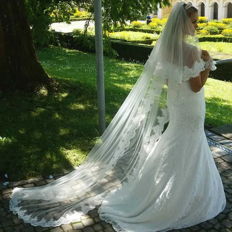 Bijoux De cheveux 2.5 M nouveaux voiles ivoire blanc 2 couches Tulle dentelle Appliques De mariée longue voile De mariage Veu De Noiva_voghion.com