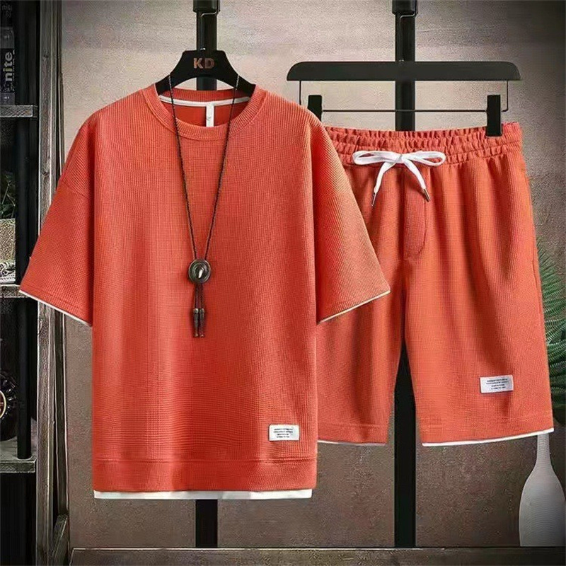 Waffel Kurzarm Sommer Casual Sport Shirt Sweatshirt Herren T-Shirt Shorts Zweiteiliges Set_voghion.com