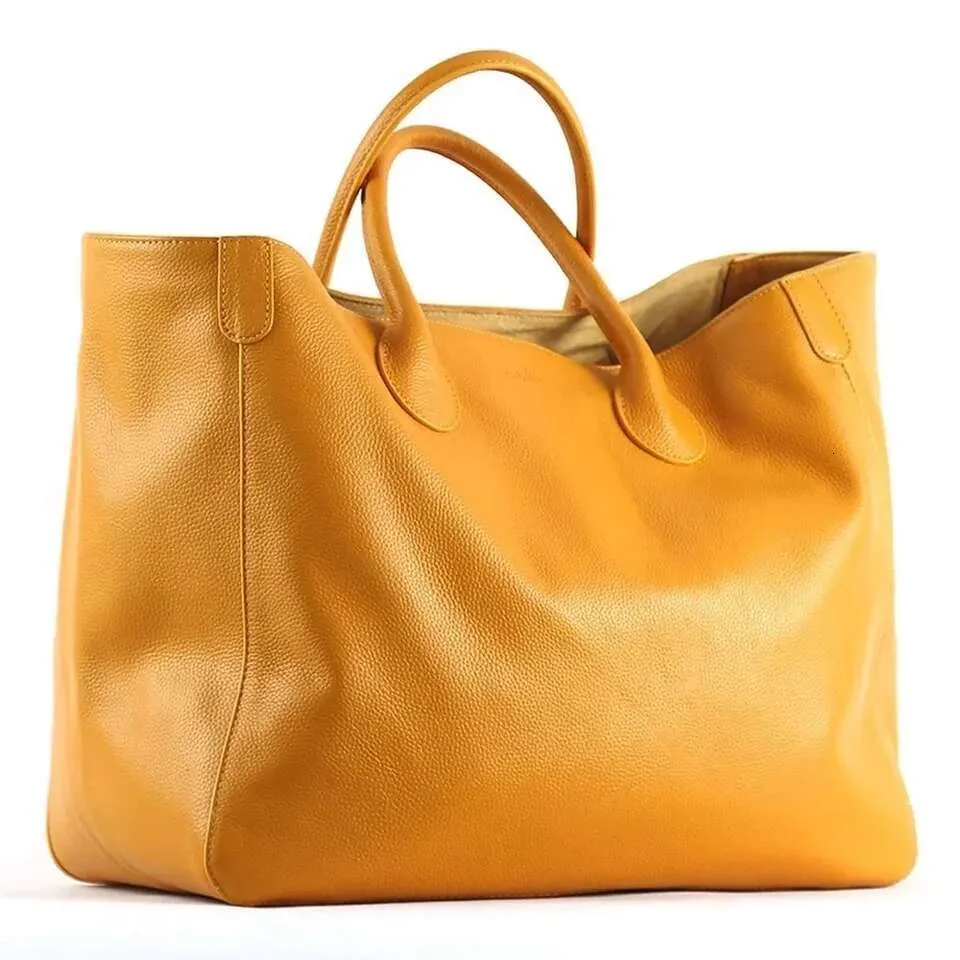Dames leren tote bag grote schoudertas in geel_voghion.com
