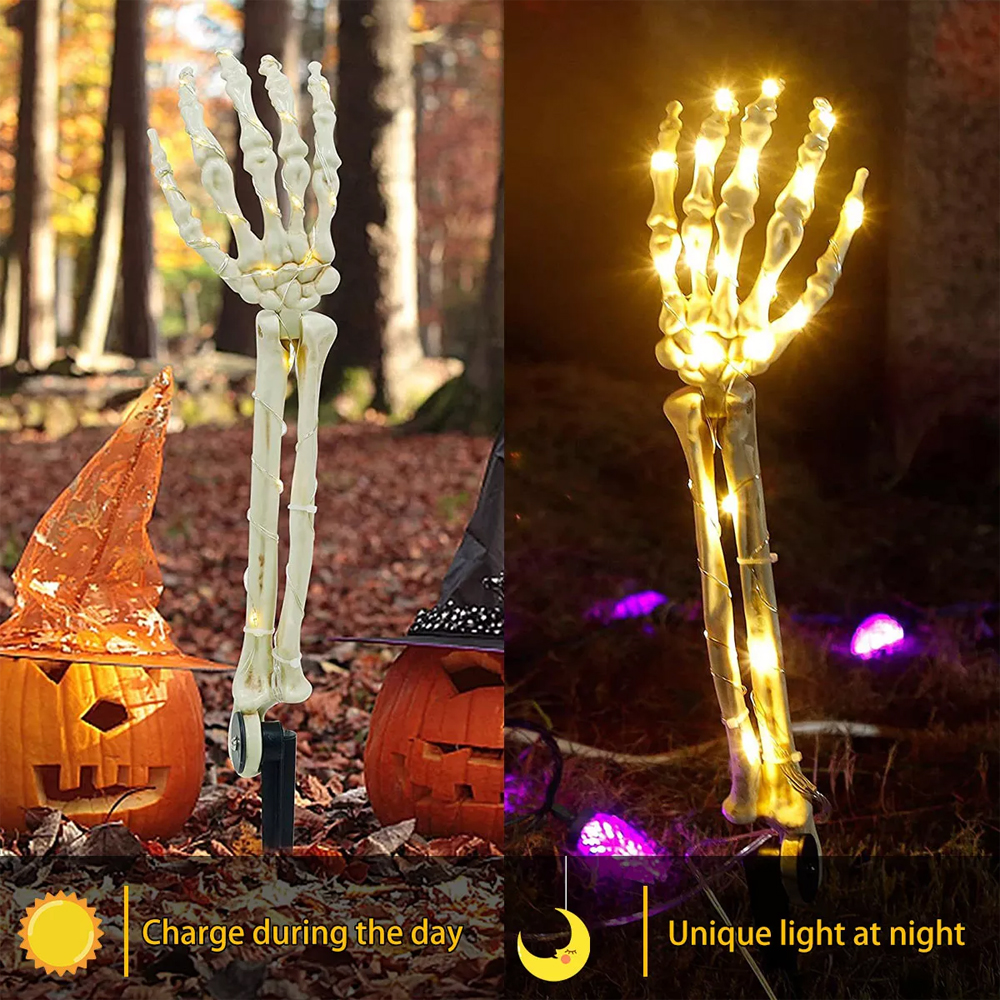 1 par de caveira solar LED com braço à prova d'água para áreas externas, caveira brilhante de Halloween com 8 funções, jardim, quintal, gramado, decoração interna e externa de Halloween_voghion.com