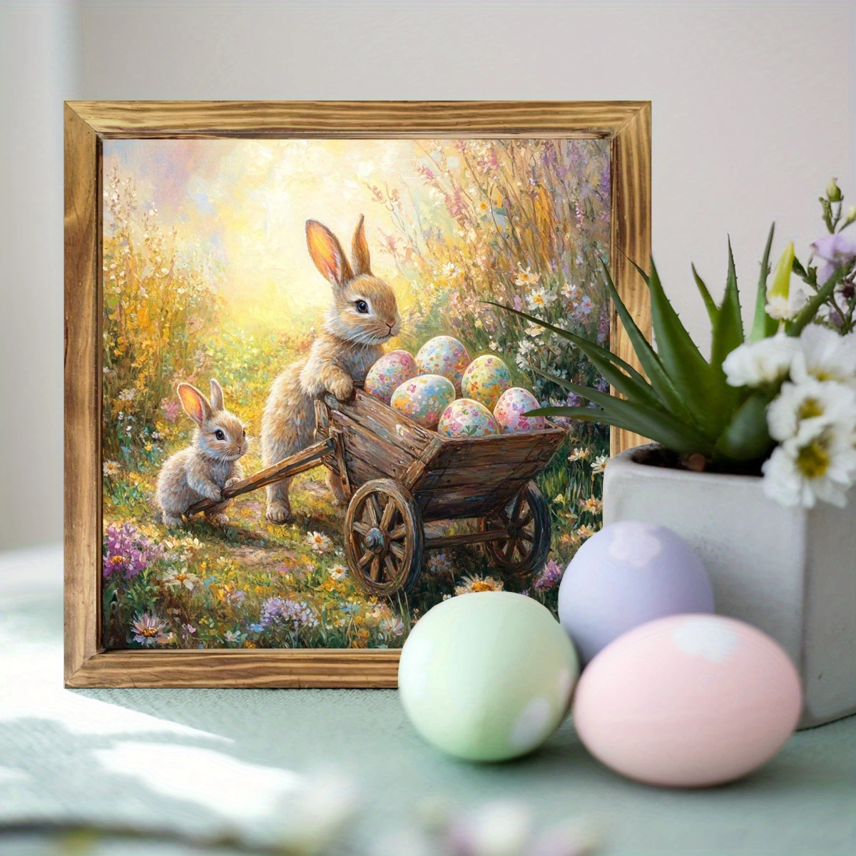 Rustikales Holzschild „Hase und Schubkarre“ (20,3 x 20,3 cm) – Bauernhaus-Wandkunst für Eingangsbereich, Küche und Wohnzimmer | Osterdeko und Geschenk_voghion.com