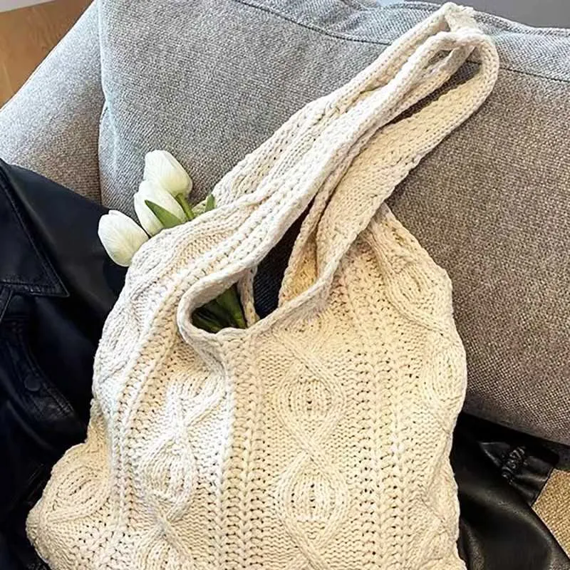 New Vintage Wool Knitted Hand Woven Shoulder Bag For Women Casual Shopping Handbag Large Capacity Female hetC241105_voghion.com