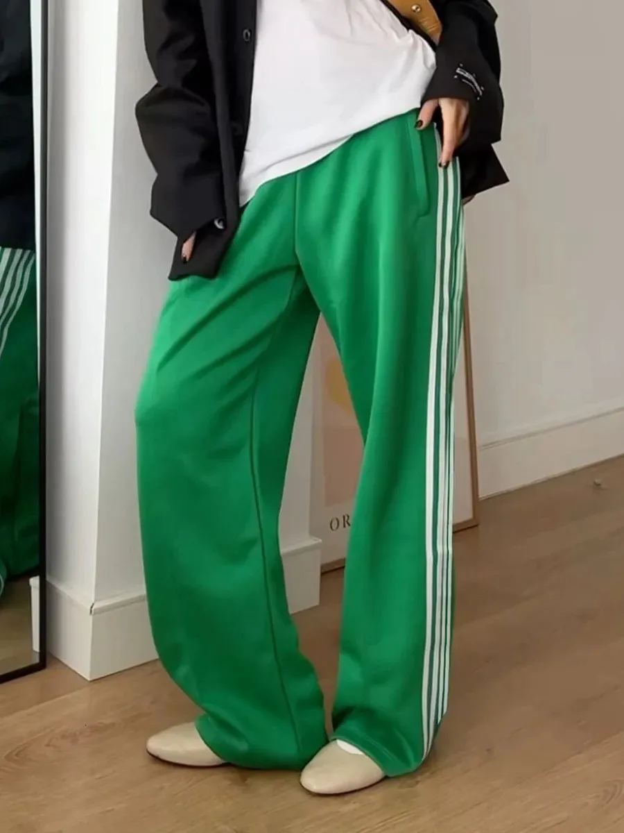 Women Y2k Wide Leg Track Pants Baggy Side Striped Joggers Sweatpants Elastic Waist Color Block Parachute With Pockets_voghion.com