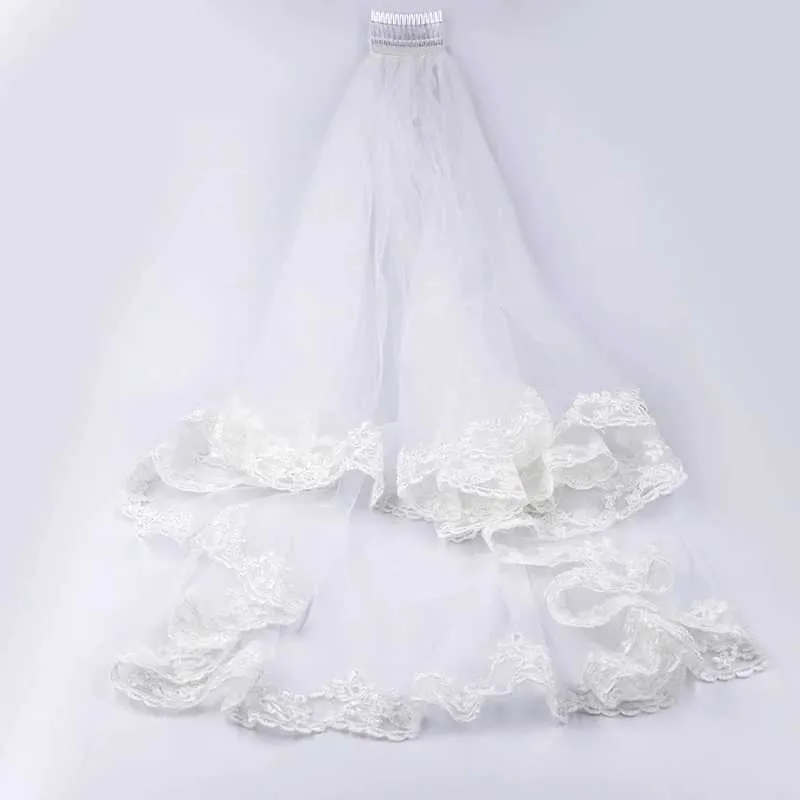 Hair Jewelry White Two Layers Veils Lace Edge Sexy Short Waist Length Wedding with Comb Dress Veil for Bride_voghion.com