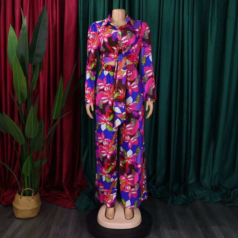 Women's Fashion Print Two-piece Lapel Tie Shirt Wide Leg Pants Suit_voghion.com