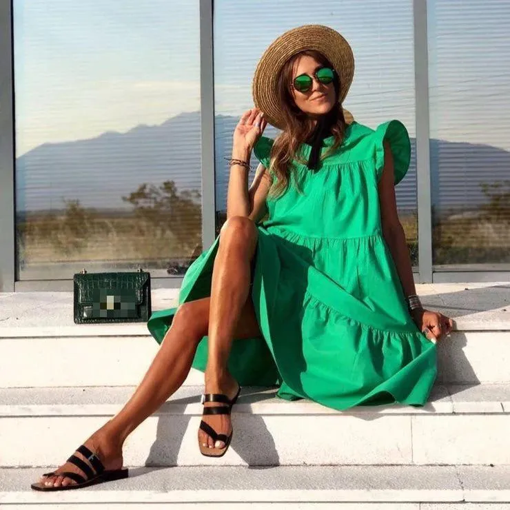 Dam boho sommarklänning veckad lång lös plus size vit_voghion.com