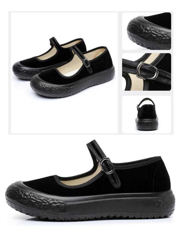 Sapatos de dança cerimonial de hotel com sola grossa feminina, sapatos de mãe, tecido preto_voghion.com
