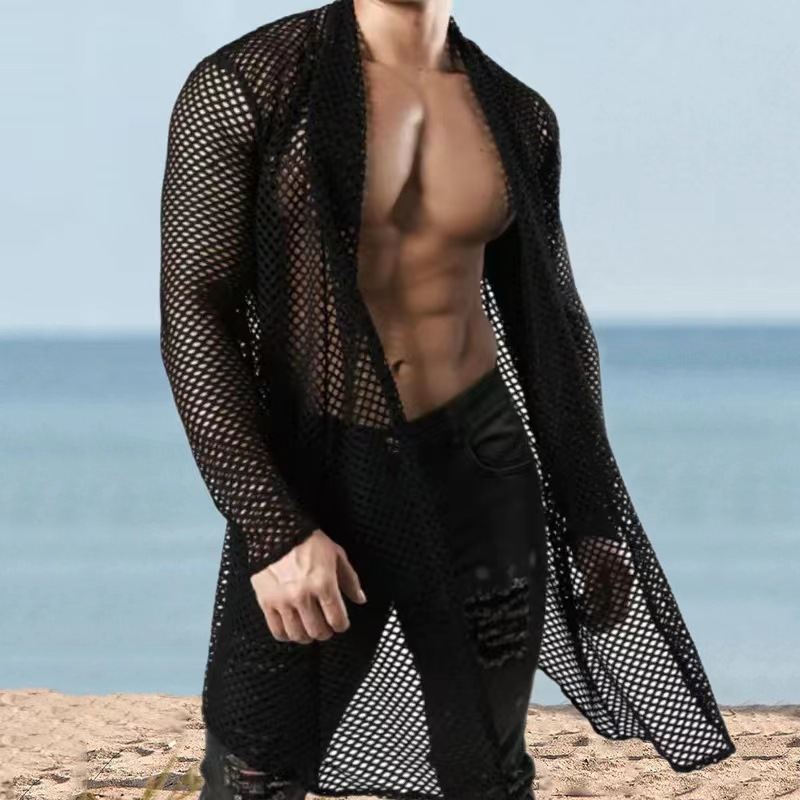 Herren-Übergröße, Schalkragen, Cut-Out, lange Strickjacke, Netzstoff, durchsichtig, Langarmshirt_voghion.com